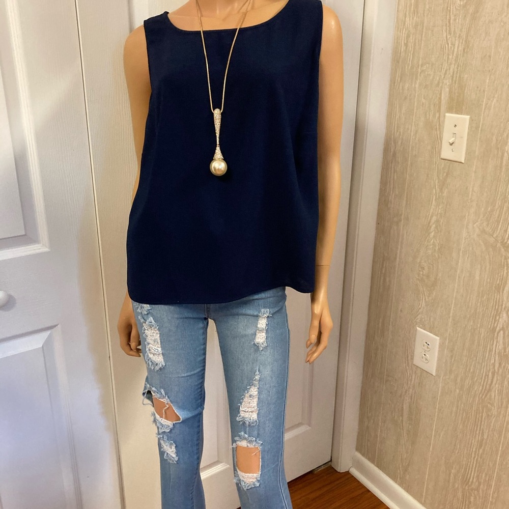 Dressy Flowy Oversized Navy Blue Tank Blouse 18W